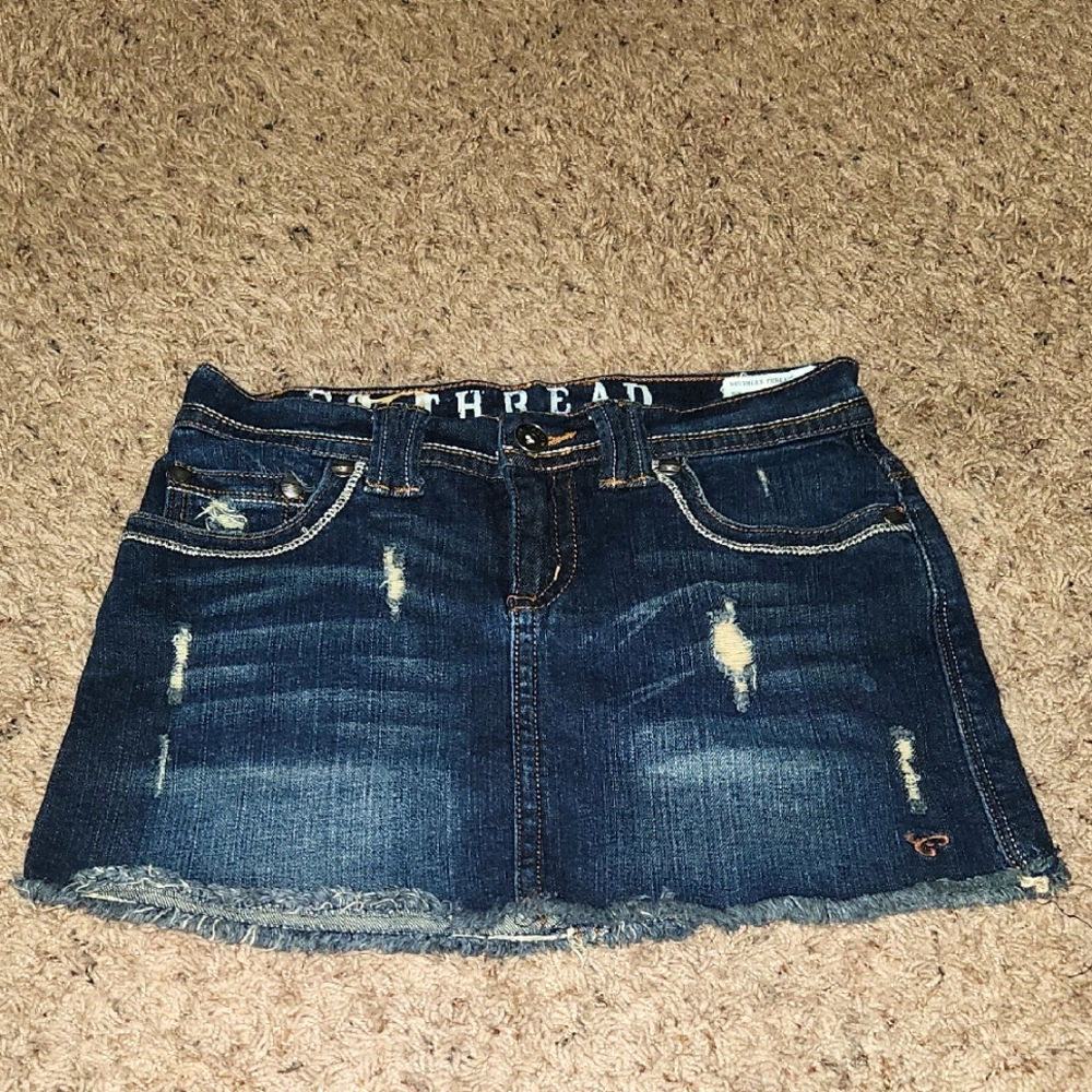 Southern Thread- Blue Distressed Denim Mini Skirt - Sz 25